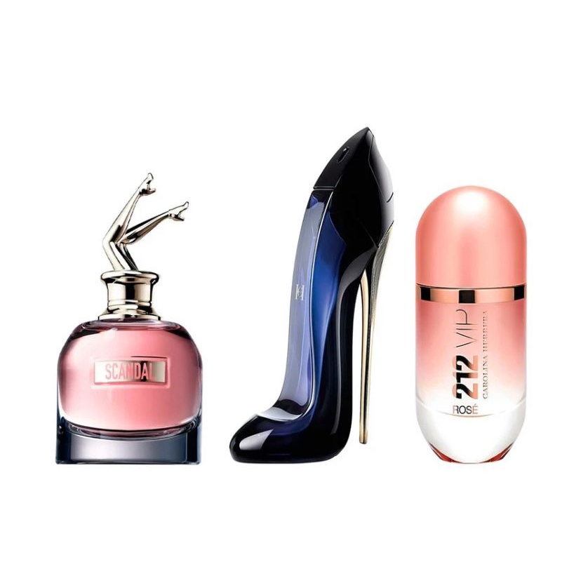 3 Perfumes FEMININO : SCANDAL, GOOD GRIL E 212 VIP ROSE